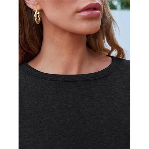 New Women's Long Sleeve Round Neck Basic Tee - Fall Outfit Tops & Clothes ,Black - Picture 5 of 7